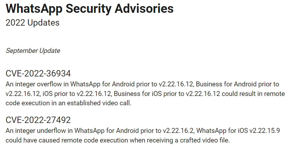 Screenshot: WhatsApp Security Advisories