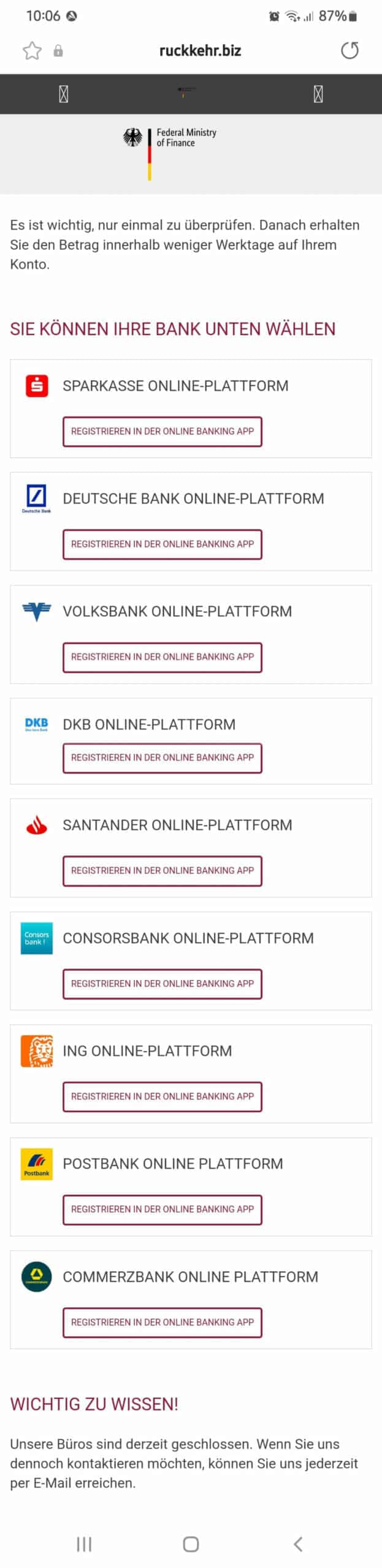 Screenshot der gefälschten Online-Plattformen folgender Banken: Sparkasse, Deutsche Bank, Volksbank, DKB, Santander, Consorsbank, ING, Postbank, Commerzbank