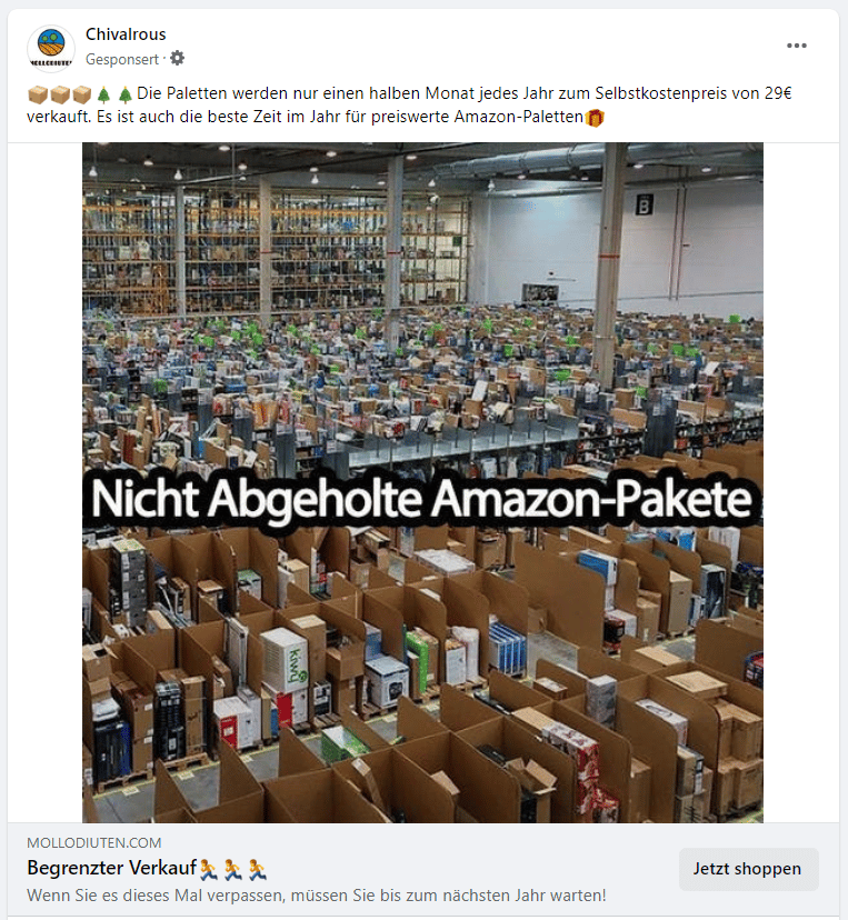 Screenshot: Facebook-Werbeanzeige von "Nicht abgeholte Amazon-Pakete"