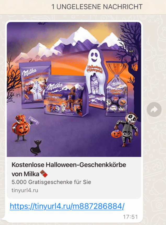 Screenshot: WhatsApp-Nachricht "Kostenlosen Halloween-Geschenkkörben von Milka"