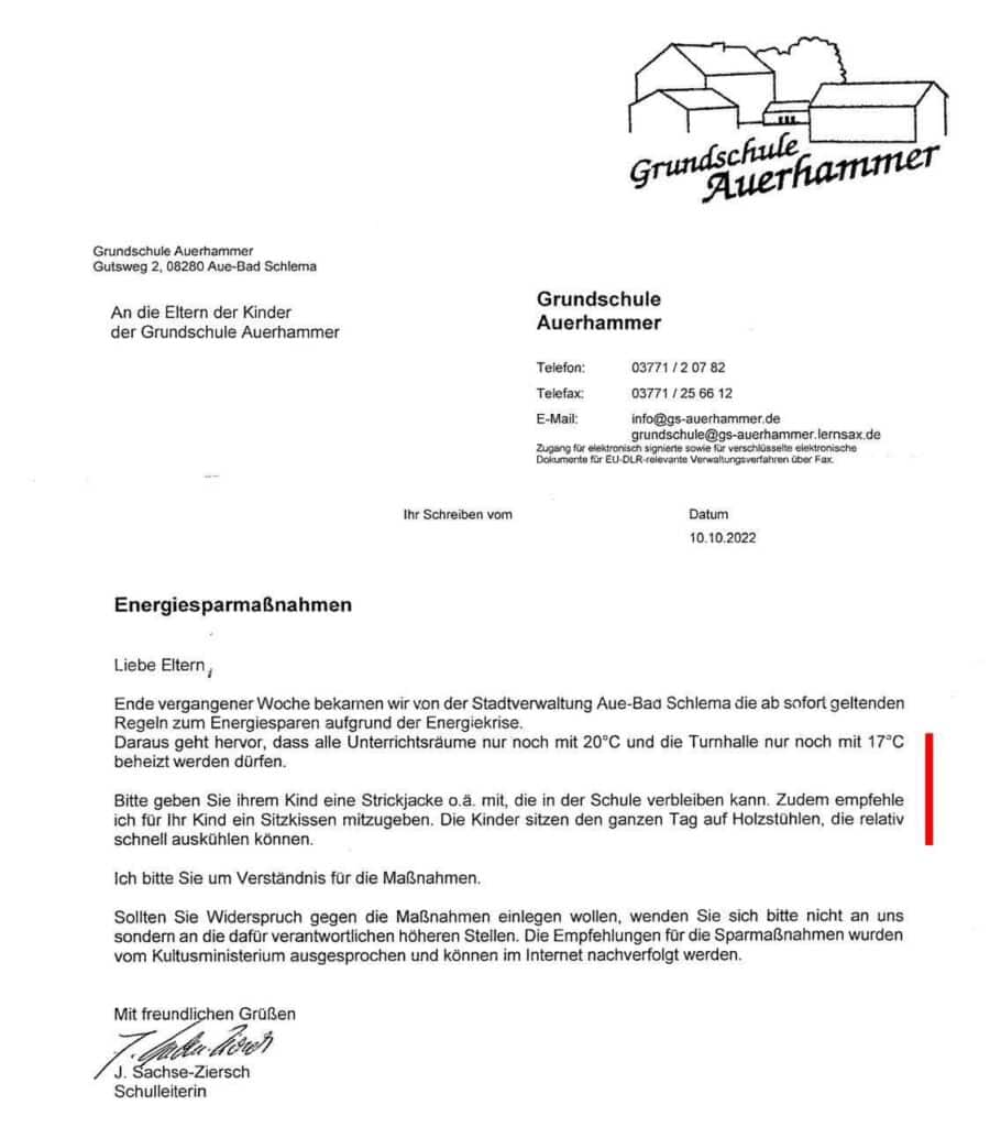 Screenshot: Elternbrief der Grundschule Auerhammer als Stein des Anstoßes