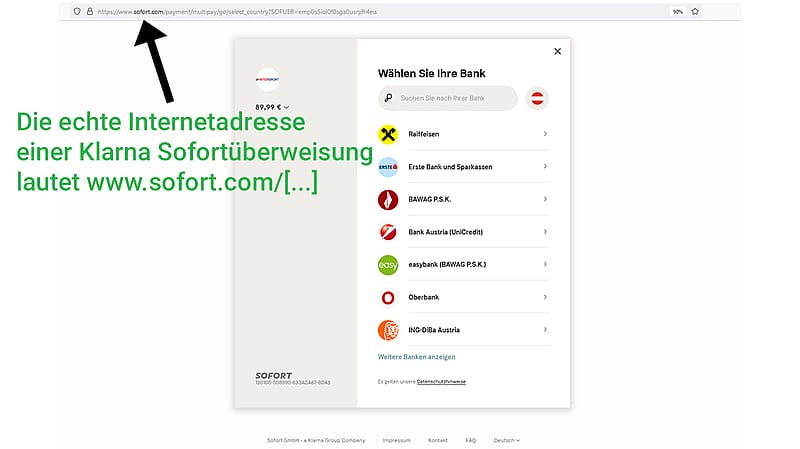 Screenshot der echten Klarna-Zahlungsseite. Die Internetadresse der echten Website lautet www.sofort.com., Bild: Watchlist Internet