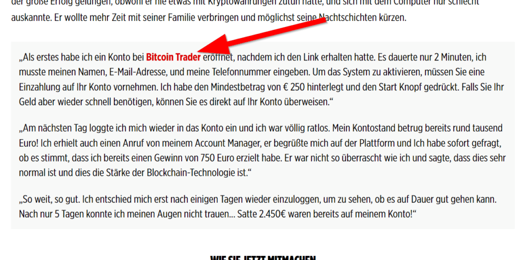 Screenshot der gefälschten Bild-Webseite inkl. einem Verweis zu "Bitcoin Trader"