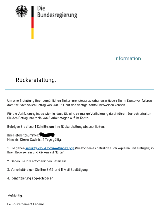 Screenshot der gefälschten E-Mail der deutschen Bundesregierung