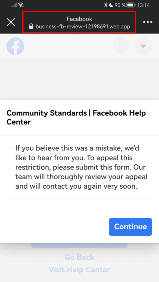 Screenshot gefälschte Seite des "Facebook Help Center"