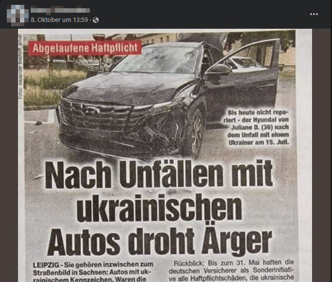 Facebook-Beitrag mit Foto des Artikels bzgl. Unfall mit ukrainischem Auto / Screenshot Facebook