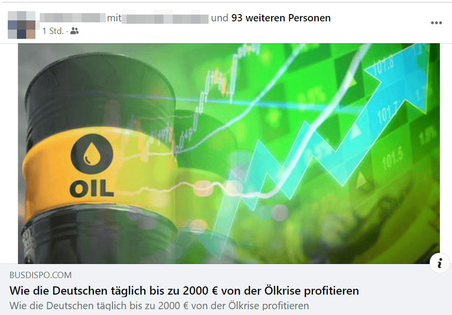 Screenshot: Facebook mit „Wie die Deutschen täglich bis zu 2000 € von der Ölkrise profitieren“