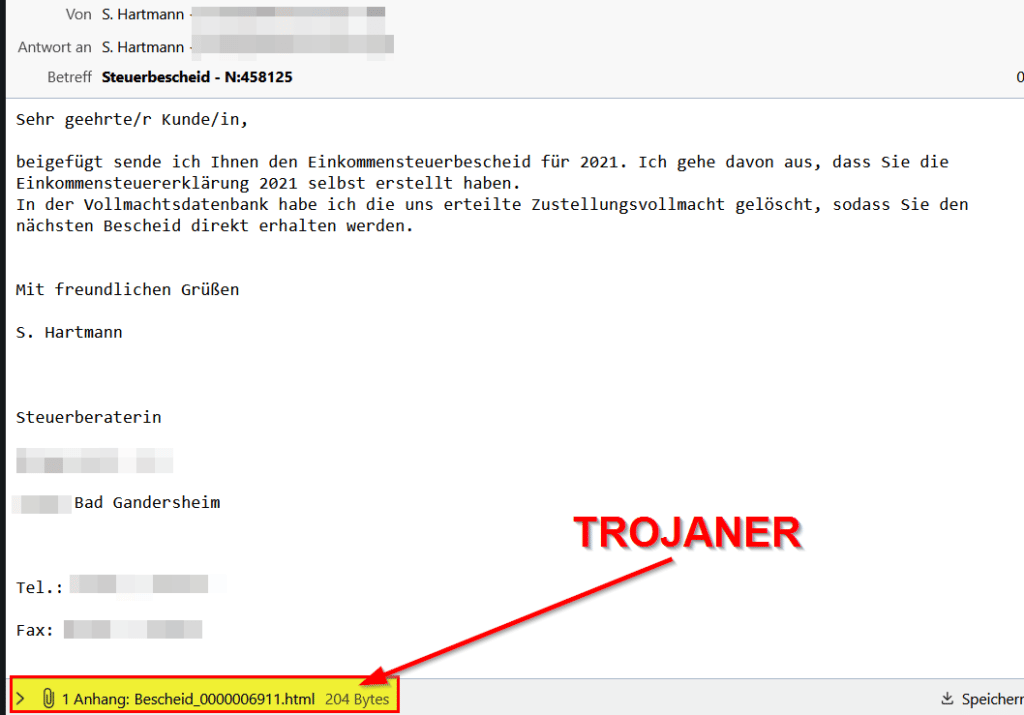 Trojaner-Warnung: E-Mail mit Steuerbescheid 