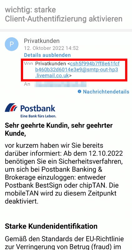 Screenshot gefälschtes E-Mail im Namen der Postbank