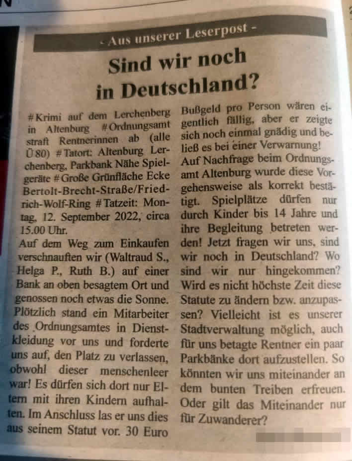 Screenshot: Kurier Altenburg, Ausgabe 24.9.2022 / Seite 30 (Quelle)
Spielplatz: "Sind wir noch in Deutschland?"