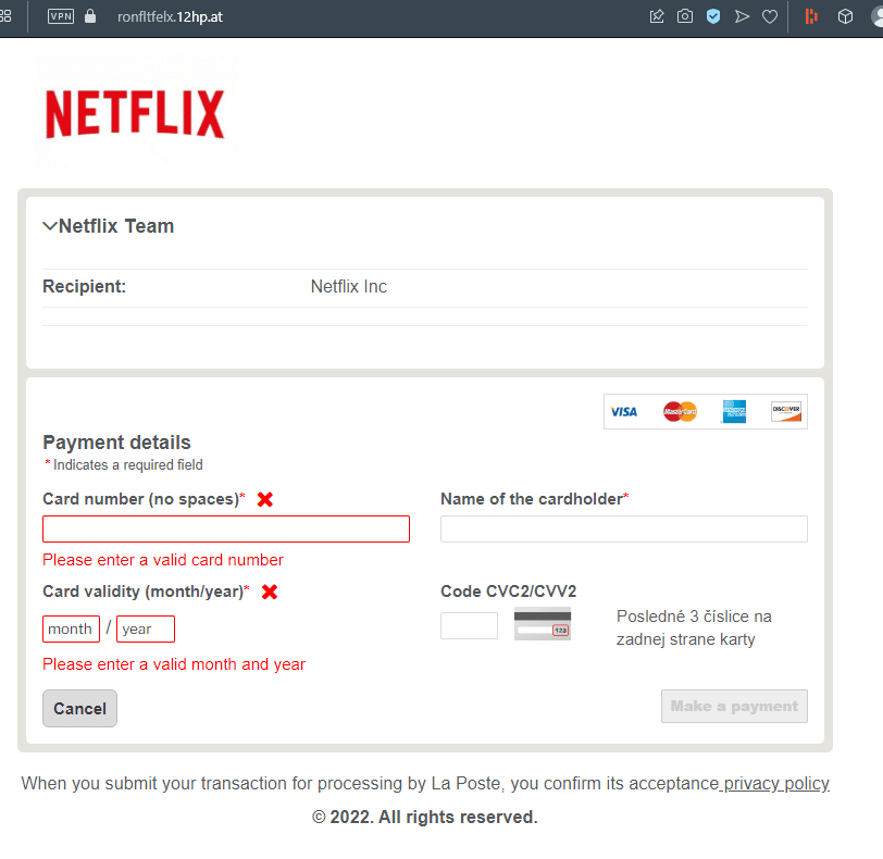 Screenshot der gefälschten Netflix-Seite, wo Kreditkarteninformationen abgefragt werden