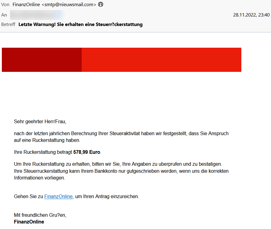 Screenshot der gefälschten E-Mail von FinanzOnline
