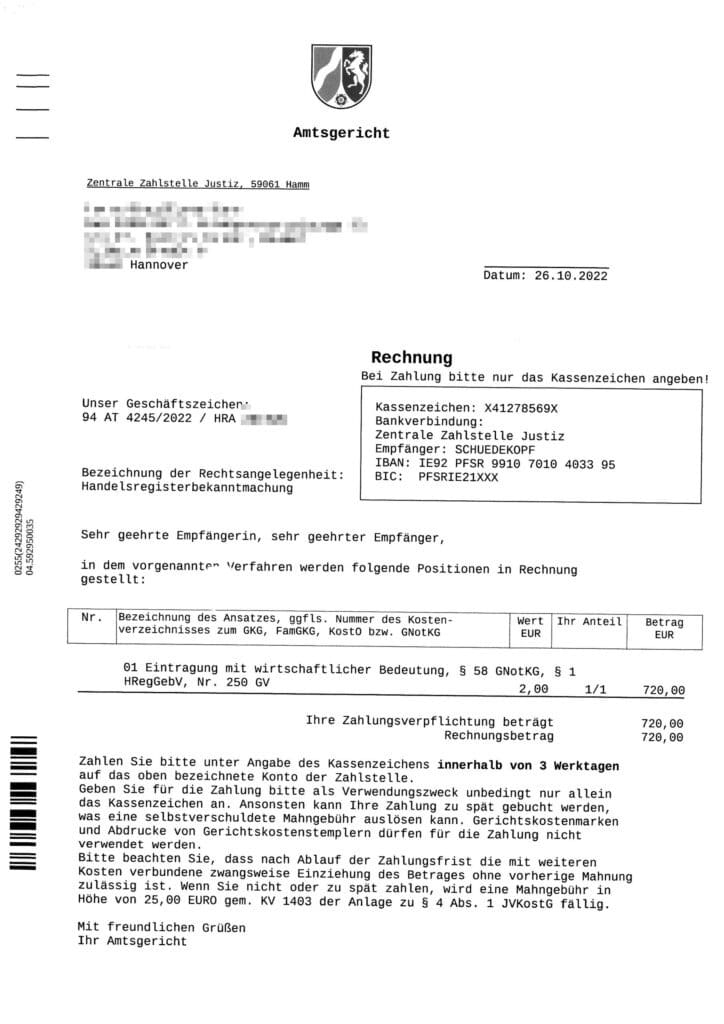 Gefälschtes Anschreiben nach Unternehmensregistrierung mit Niedersachsen Wappen. Bild: polizei-praevention.de