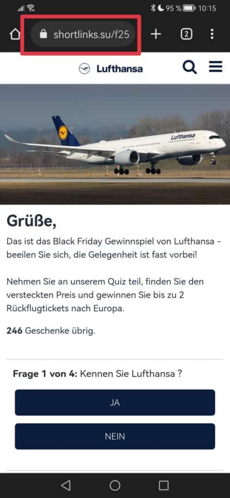 Screenshot gefälschte Lufthansa-Seite