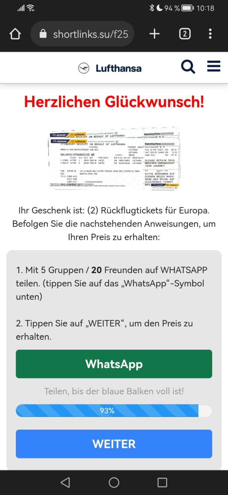 Screenshot WhatsApp-Gewinnspiel  "Lufthansa"