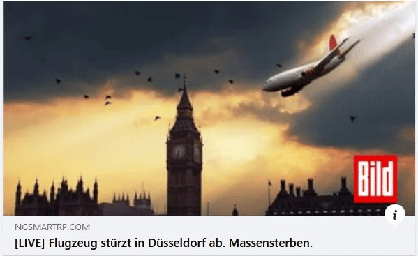Screenshot: Facebook / Phishing-Versuch mit "Flugzeug stürzt in Düsseldorf ab"