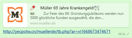 Screenshot WhatsApp-Nachricht "Müller 69 Jahre Krankengeld"