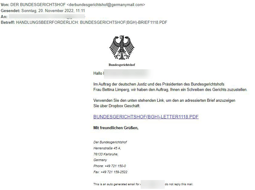 Screenshot der betrügerischen E-Mail des deutschen Bundesgerichtshofs