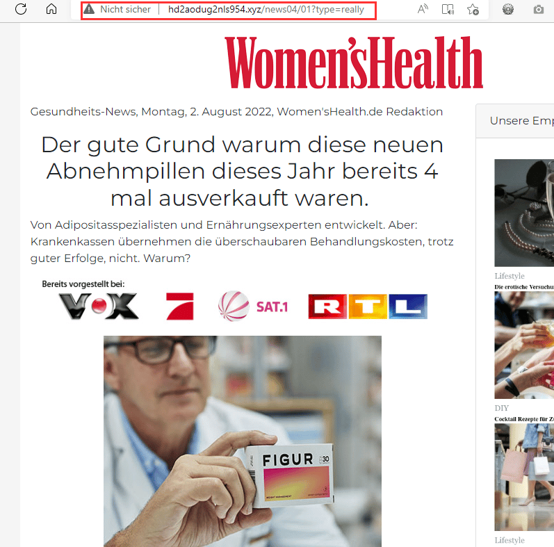 Screenshot der gefälschten Women's Health-Seite