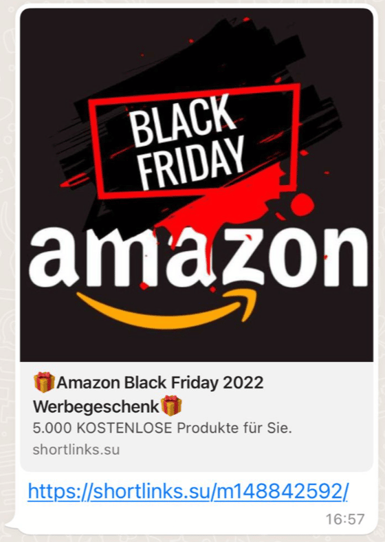 Screenshot der WhatsApp-Nachricht mit "Amazon Black Friday 2022"