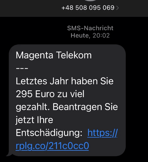 Screenshot gefälschte SMS im Namen von Magenta Telekom