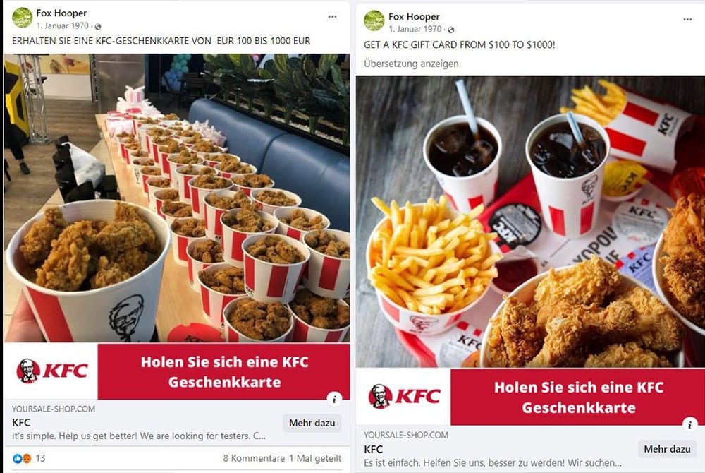 Screenshots "Gewinnspiel KFC Geschenkkarte" / Facebook