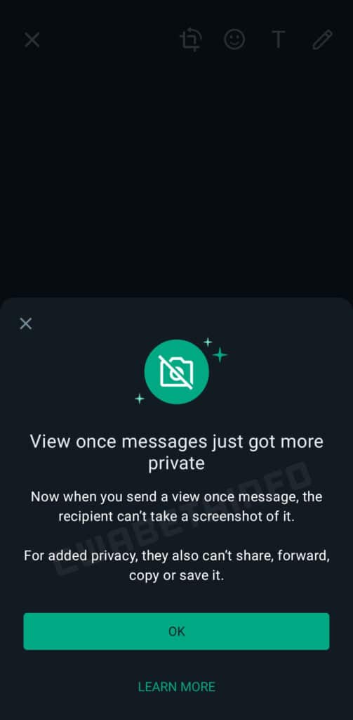 WhatsApp weist Absender von Medien in Einmal-Ansicht-Modus auf Screenshot-Sperre hin. Bild: WABetaInfo