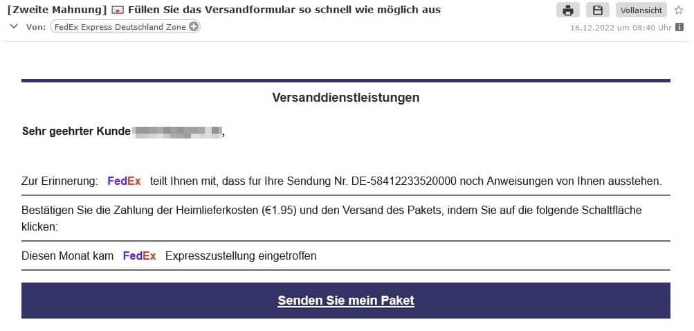 Screenshot des gefälschten E-Mails im Namen von FedEx