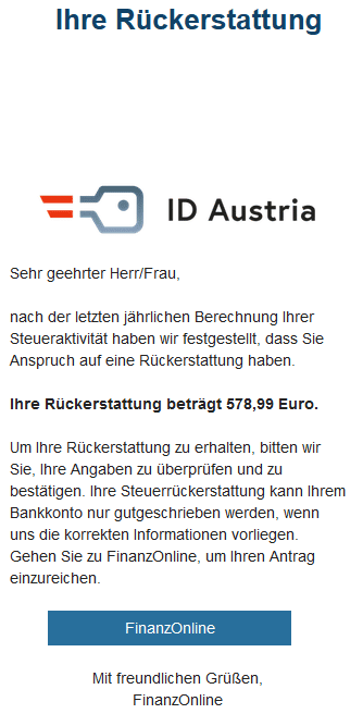 Screenshot der gefälschten E-Mail von FinanzOnline / ID-Austria