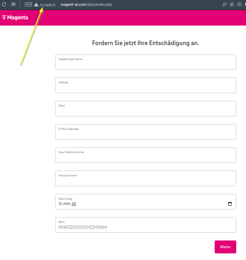 Screenshot der gefälschten Magenta-Webseite