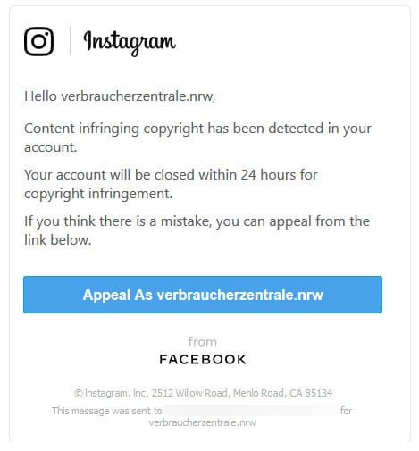 Gefälschte Instagram-E-Mail mit erfundener Regelverletzung. Screenshot: Verbraucherzentrale NRW
