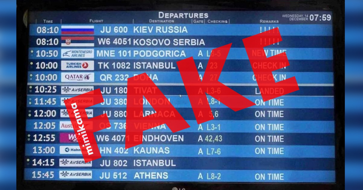 Fake: Flugtafel in Belgrad zeigt keine Flüge nach Kiew, Russland und Kosovo, Serbien