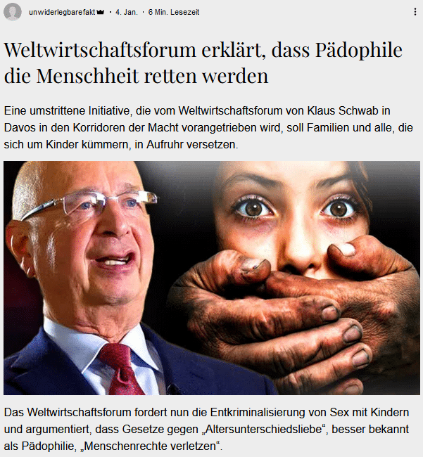 WEF erklärte nicht, dass Pädophile die Menschheit retten! – mimikama.org Die Behauptung auf einer deutschsprachigen Website