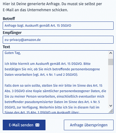 Daten abfragen und mit wenigen Klicks löschen lassen – mimikama.org Eine an Amazon bereits fertig formulierte Mail