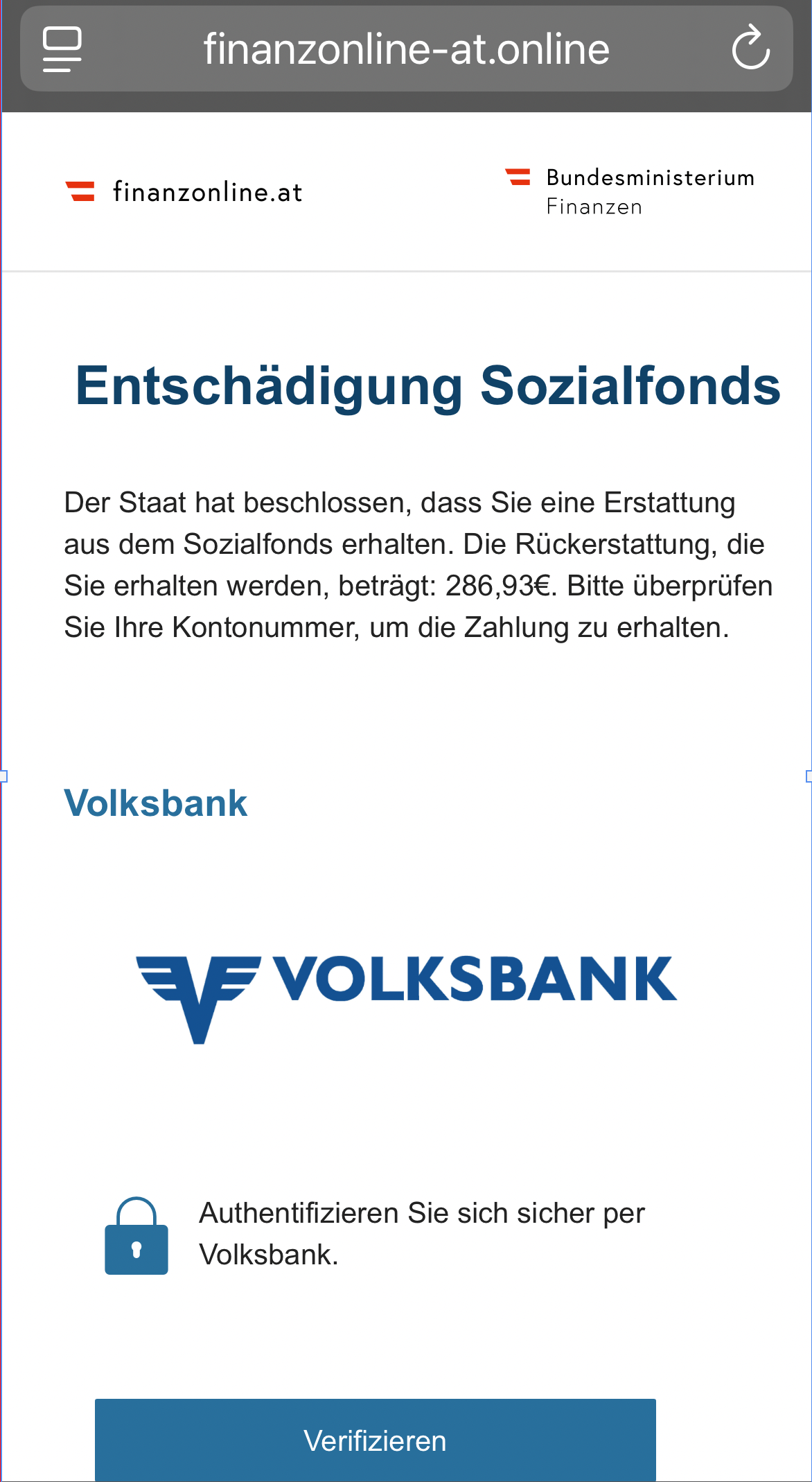Screenshot der gefälschten Webseite
