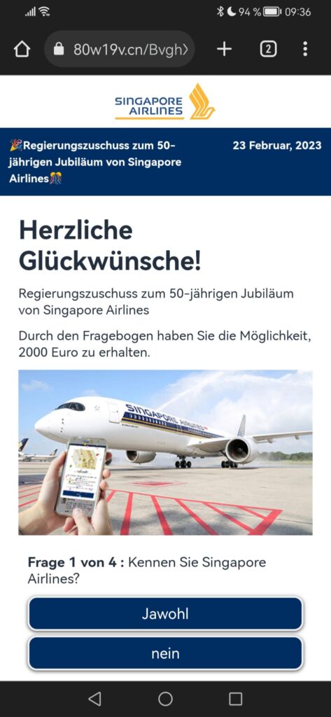 Screenshot Fake-Gewinnspielseite im Namen der "Singapore Airlines"