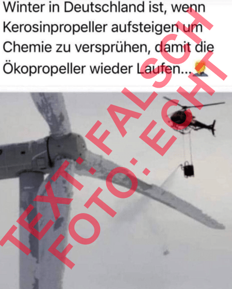 Der Text auf dem Bild als Wortlaut: "Winter in Deutschland ist, wenn Kerosinpropeller aufsteigen, um Chemie zu versprühen, damit die Ökopropeller wieder Laufen..."