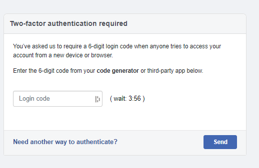 Screenshot der gefälschten zweistufige Authentifizierung auf Facebook