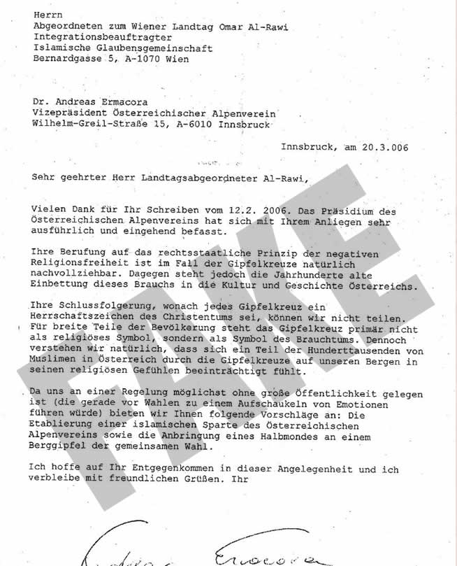 Fake-Brief des österreichischen Alpenvereins aus dem Jahr 2006