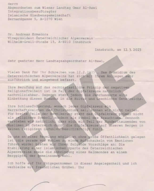 Fake-Brief des österreichischen Alpenvereins aus dem Jahr 2023