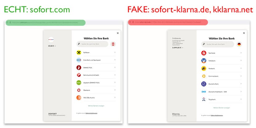 Screenshots: links: echte Klarna-Zahlungsseite (sofort.com); rechts: gefälschte Klarna-Zahlungsseite (sofort-klarna.de). Screenshots: Watchlist Internet