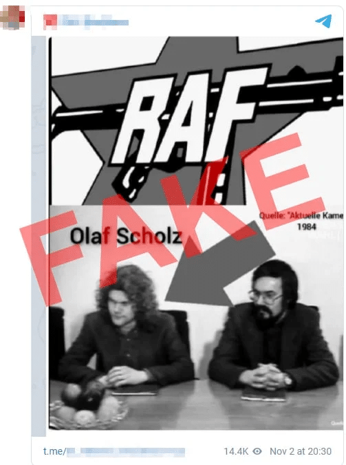 Screenshot Telegram: Olaf Scholz angeblich vor RAF-Logo / Fake