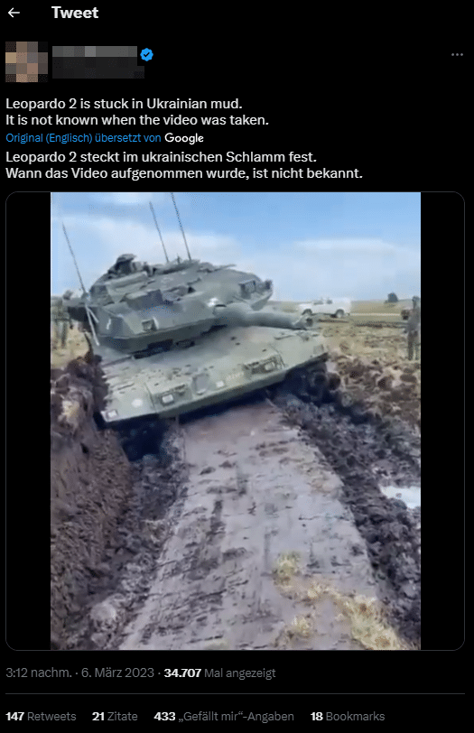 Screenshot: Twitter / 6.3.2023/ Die Behauptung: "Leopardo 2 is stuck in Ukrainian mud. It is not known when the video was taken."