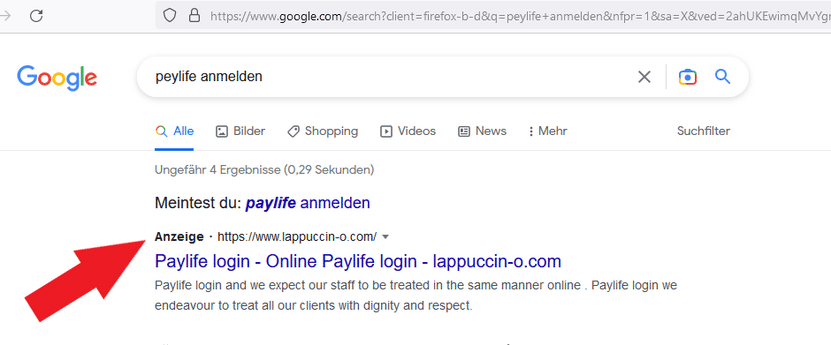 Eine bezahlte Anzeige in der Google Suche führt auf eine PayLife-Phishing-Seite. Screenshot: Watchlist Internet