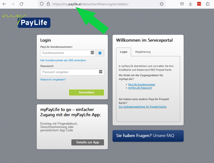 Die echte my.paylife.at-Login-Seite. Der grüne Pfeil zeigt die korrekte Webadresse. Screenshot: Watchlist Internet