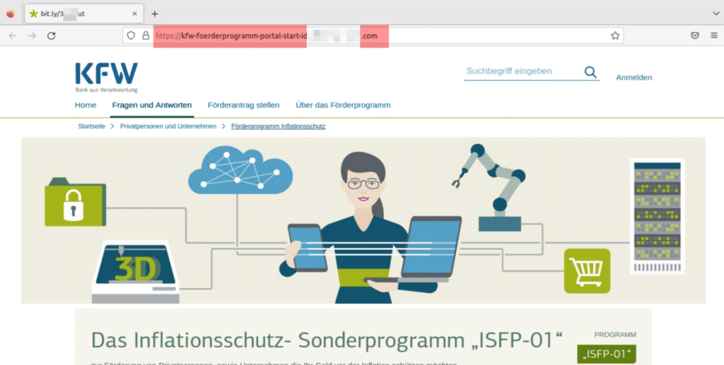 Gefälschte Webseite zwecks Phishing im Aussehen von KfW / Screenshot: polizei-praevention.de