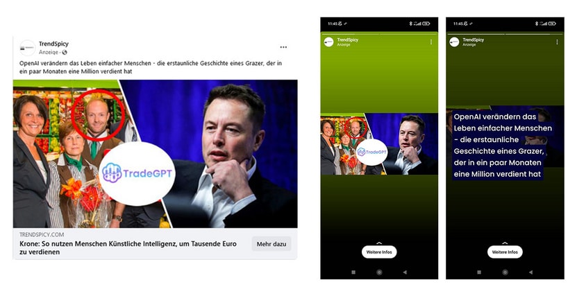 Betrügerische Investment-Plattformen werben auf Facebook (links) und in Instagram-Storys (rechts). Screenshot: Watchlist Internet