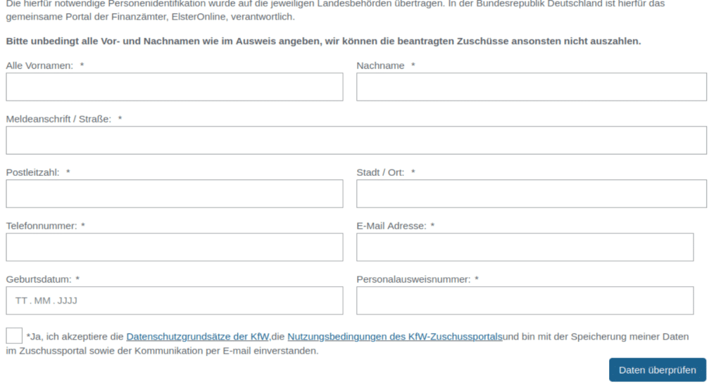 Gefälschte Webseite (Formular) zwecks Phishing im Aussehen von KfW / Screenshot: polizei-praevention.de