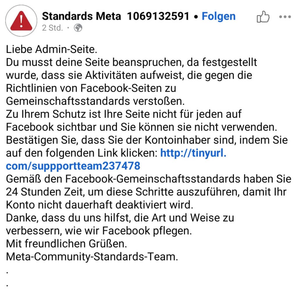 "Standards Meta"-Beitrag / Screenshot Facebook