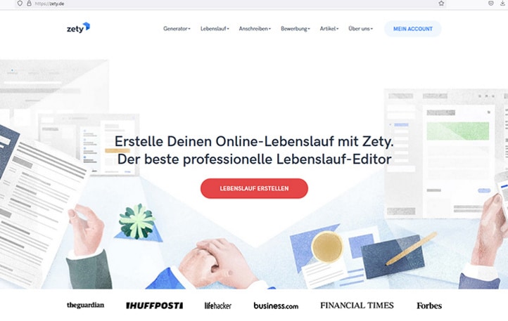 Die Homepage des Lebenslauf-Editors Zety.de. Screenshot: Watchlist Internet